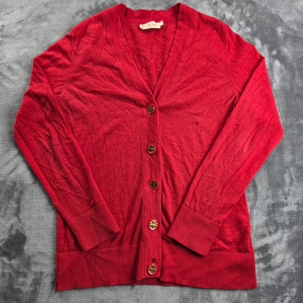 Tory Burch Cardigan Women Large Red Merino Wool Gold Logo Button V-Neck Sweater